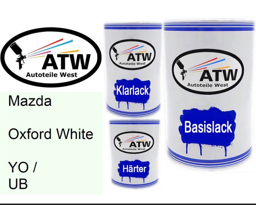 Mazda, Oxford White, YO / UB: 500ml Lackdose + 500ml Klarlack + 250ml Härter - Set, von ATW Autoteile West.